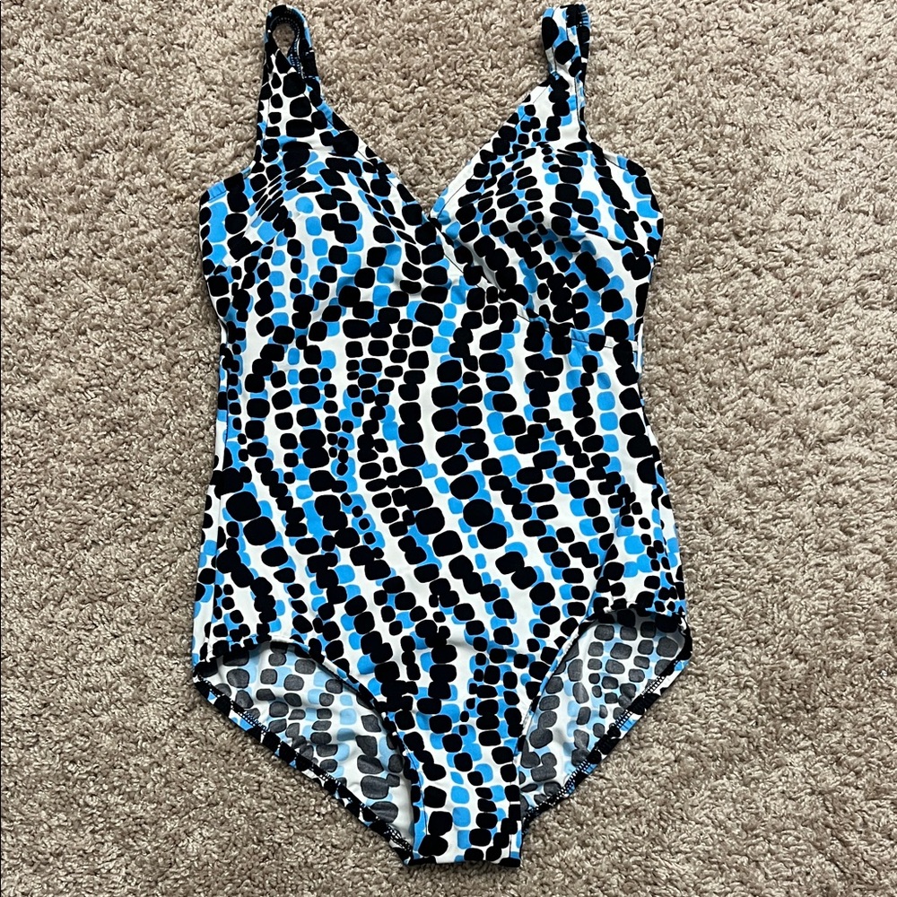 Miraclesuit Blue & Black Dot Pattern One-Piece Swimsuit sz 10